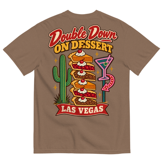 Double Down on Dessert T-Shirt in Espresso, back print, pumpkin, cherry and pecan pie slices stacked like casino chips by a cactus and neon