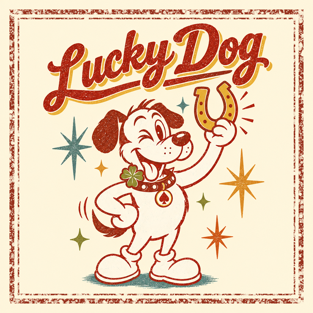 Lucky Dog - white mascot dog with brown ears holding a lucky horseshoe