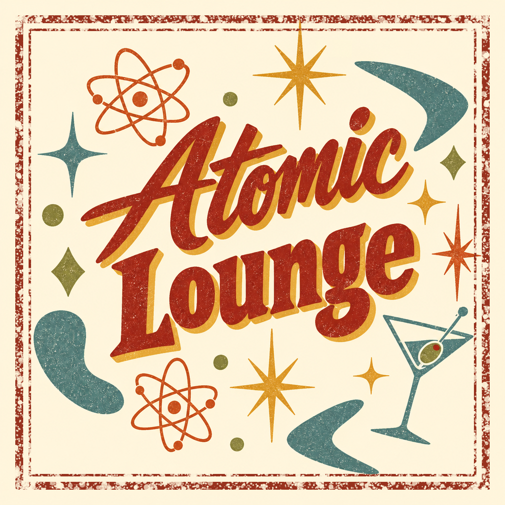 Atomic Lounge - retro lettering with mid-century starbursts, boomerangs and atoms