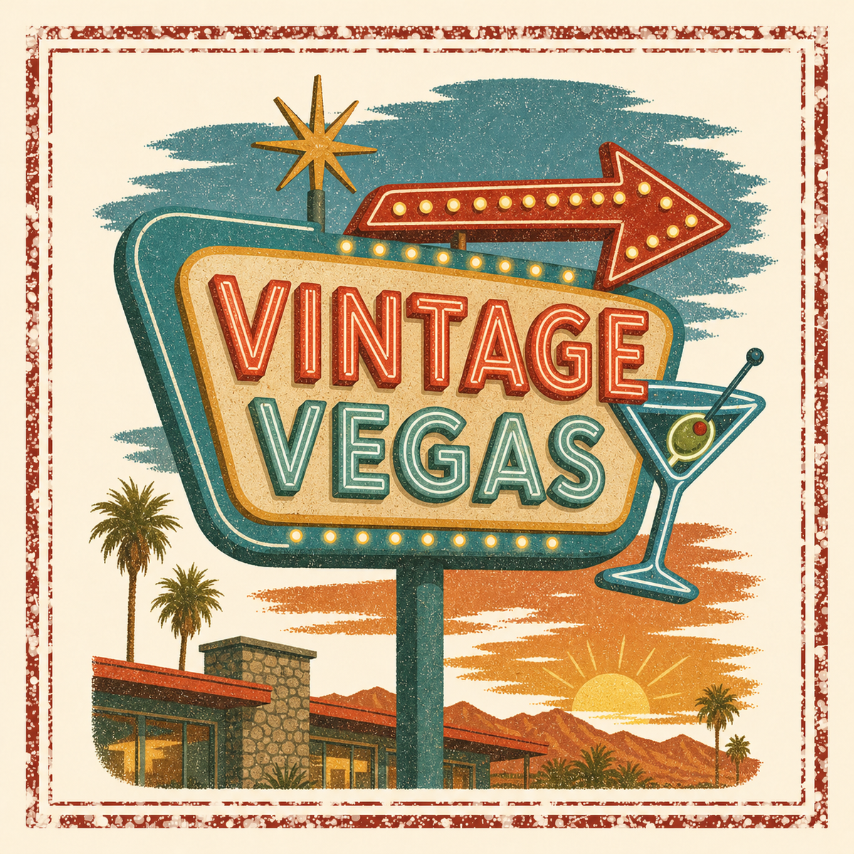 Vintage Vegas - 1950s neon roadside sign with a martini glass at desert dusk