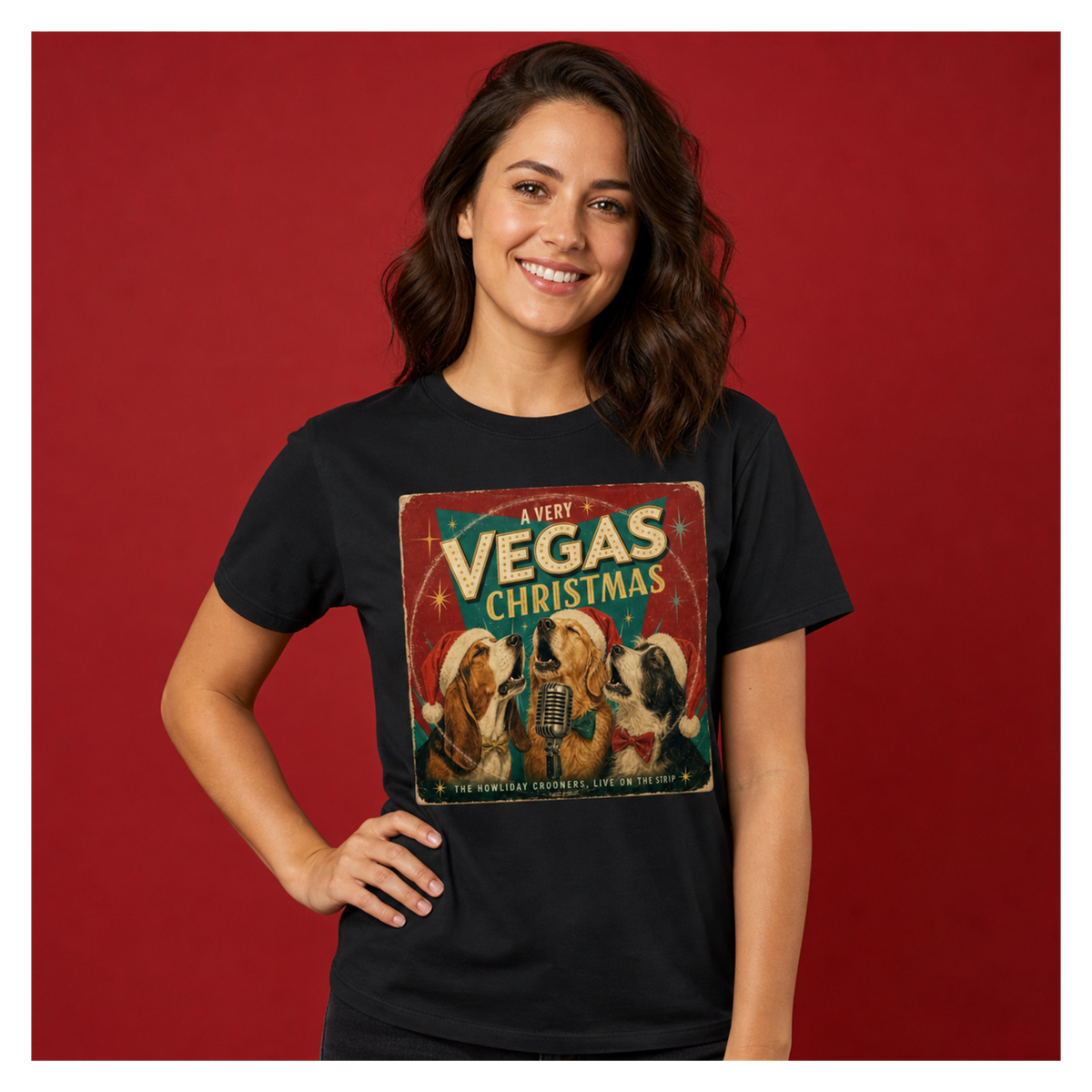A Very Vegas Christmas T-Shirt in Black, front view, singing dogs retro Las Vegas Christmas graphic