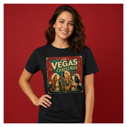 A Very Vegas Christmas T-Shirt in Black, front view, singing dogs retro Las Vegas Christmas graphic