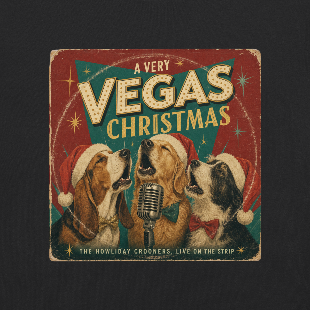 A Very Vegas Christmas T-Shirt in Black, front view (alternate mockup), singing dogs retro Las Vegas Christmas graphic