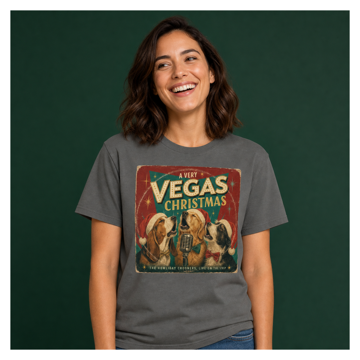 A Very Vegas Christmas T-Shirt in Pepper, front view, singing dogs retro Las Vegas Christmas graphic