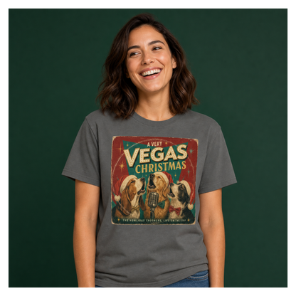 A Very Vegas Christmas T-Shirt in Pepper, front view, singing dogs retro Las Vegas Christmas graphic
