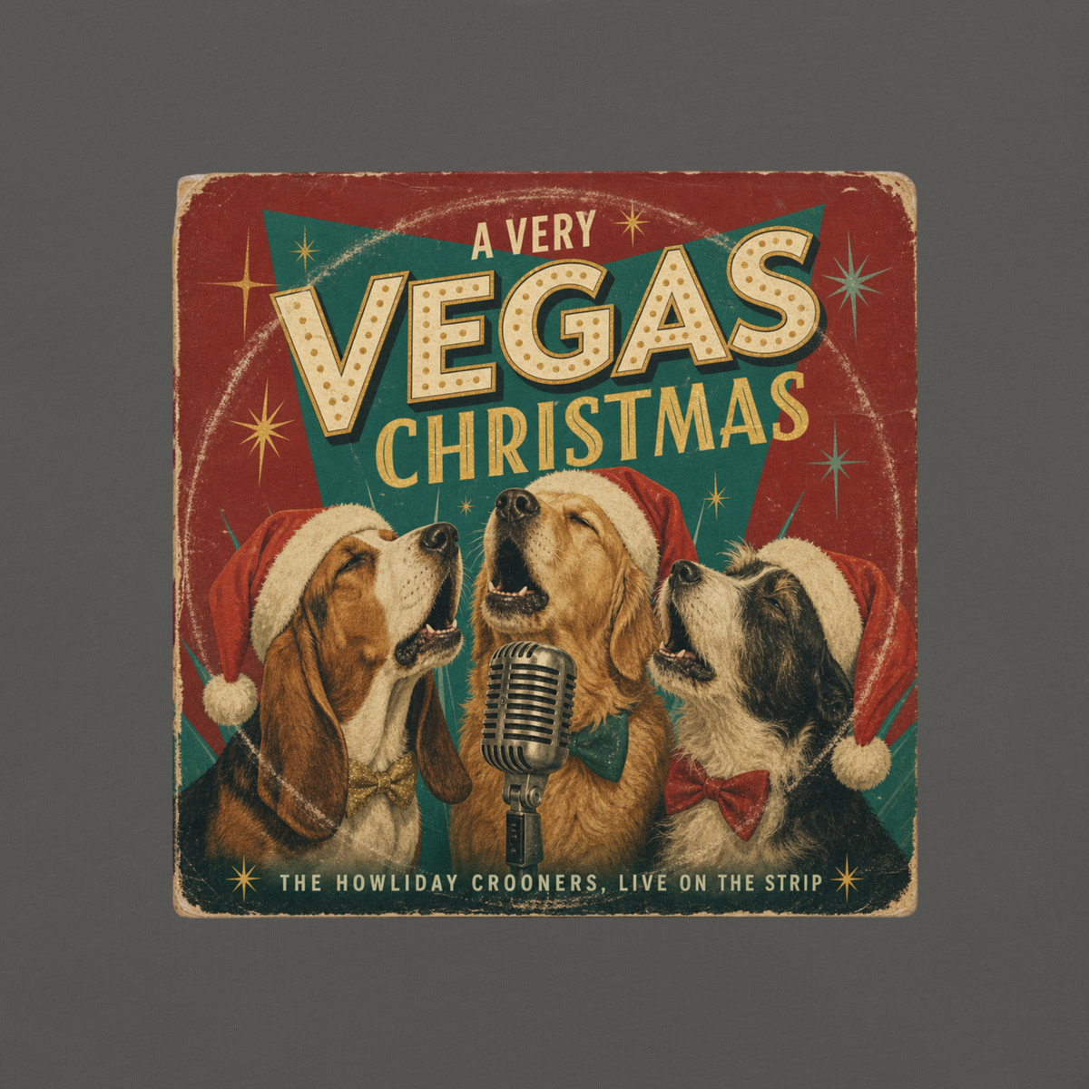 A Very Vegas Christmas T-Shirt in Pepper, front view (alternate mockup), singing dogs retro Las Vegas Christmas graphic