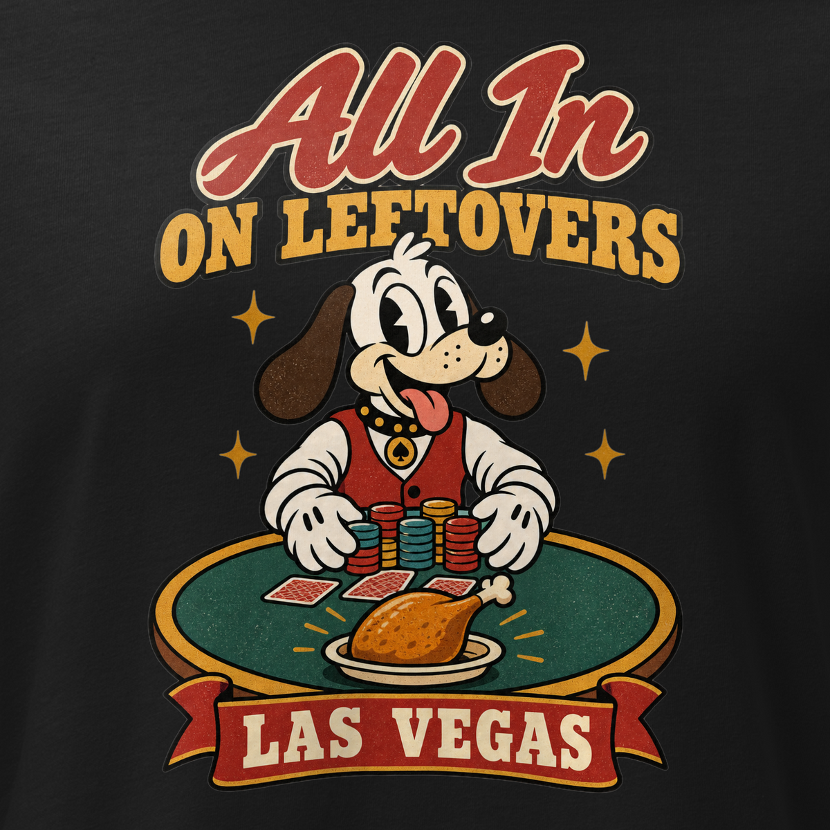 All In on Leftovers Relaxed T-Shirt in Black, close-up of the front print, Lucky the dog in a dealer vest pushes poker chips toward a roast turkey on green felt