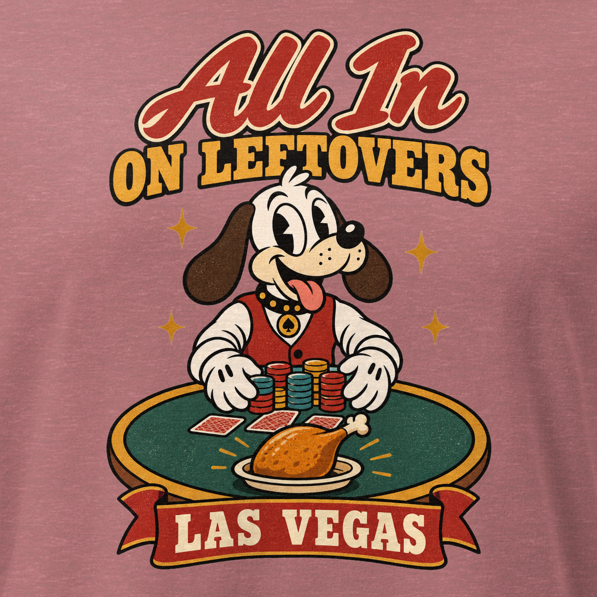 All In on Leftovers Relaxed T-Shirt in Heather Mauve, close-up of the front print, Lucky the dog in a dealer vest pushes poker chips toward a roast turkey on green felt