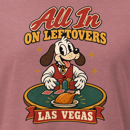 All In on Leftovers Relaxed T-Shirt in Heather Mauve, close-up of the front print, Lucky the dog in a dealer vest pushes poker chips toward a roast turkey on green felt