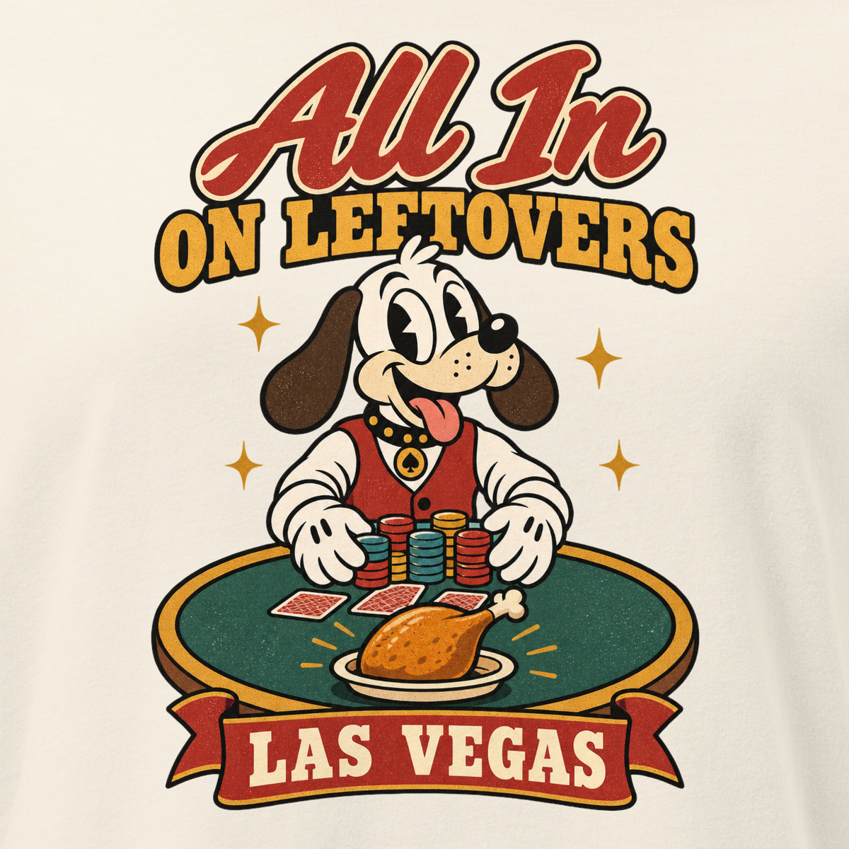 All In on Leftovers Relaxed T-Shirt in Natural, close-up of the front print, Lucky the dog in a dealer vest pushes poker chips toward a roast turkey on green felt