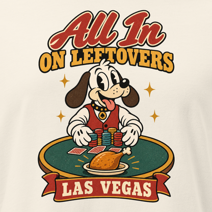 All In on Leftovers Relaxed T-Shirt in Natural, close-up of the front print, Lucky the dog in a dealer vest pushes poker chips toward a roast turkey on green felt
