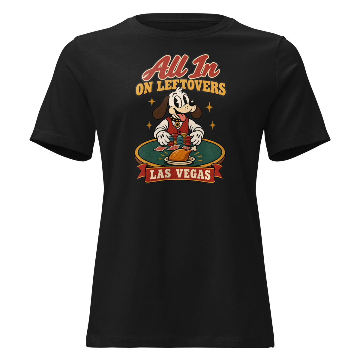 All In on Leftovers Relaxed T-Shirt in Black, front view, Lucky the dog in a dealer vest pushes poker chips toward a roast turkey on green felt