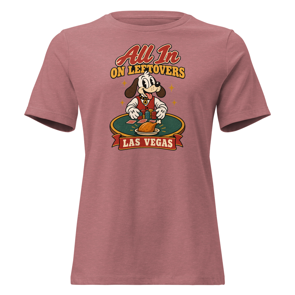 All In on Leftovers Relaxed T-Shirt in Heather Mauve, front view, Lucky the dog in a dealer vest pushes poker chips toward a roast turkey on green felt