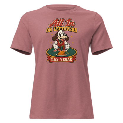 All In on Leftovers Relaxed T-Shirt in Heather Mauve, front view, Lucky the dog in a dealer vest pushes poker chips toward a roast turkey on green felt