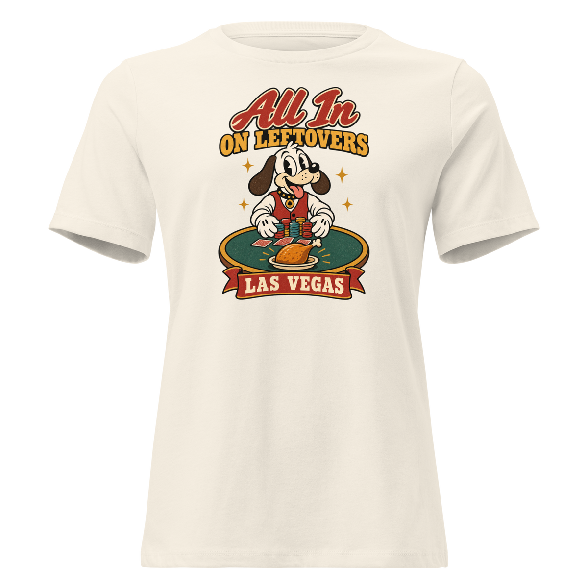 All In on Leftovers Relaxed T-Shirt in Natural, front view, Lucky the dog in a dealer vest pushes poker chips toward a roast turkey on green felt