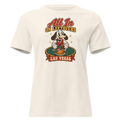 All In on Leftovers Relaxed T-Shirt in Natural, front view, Lucky the dog in a dealer vest pushes poker chips toward a roast turkey on green felt