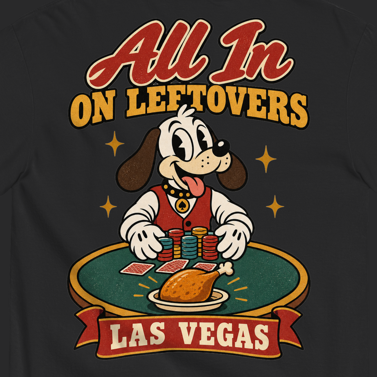 All In on Leftovers T-Shirt in Black, close-up of the back print, Lucky the dog in a dealer vest pushes poker chips toward a roast turkey on green felt