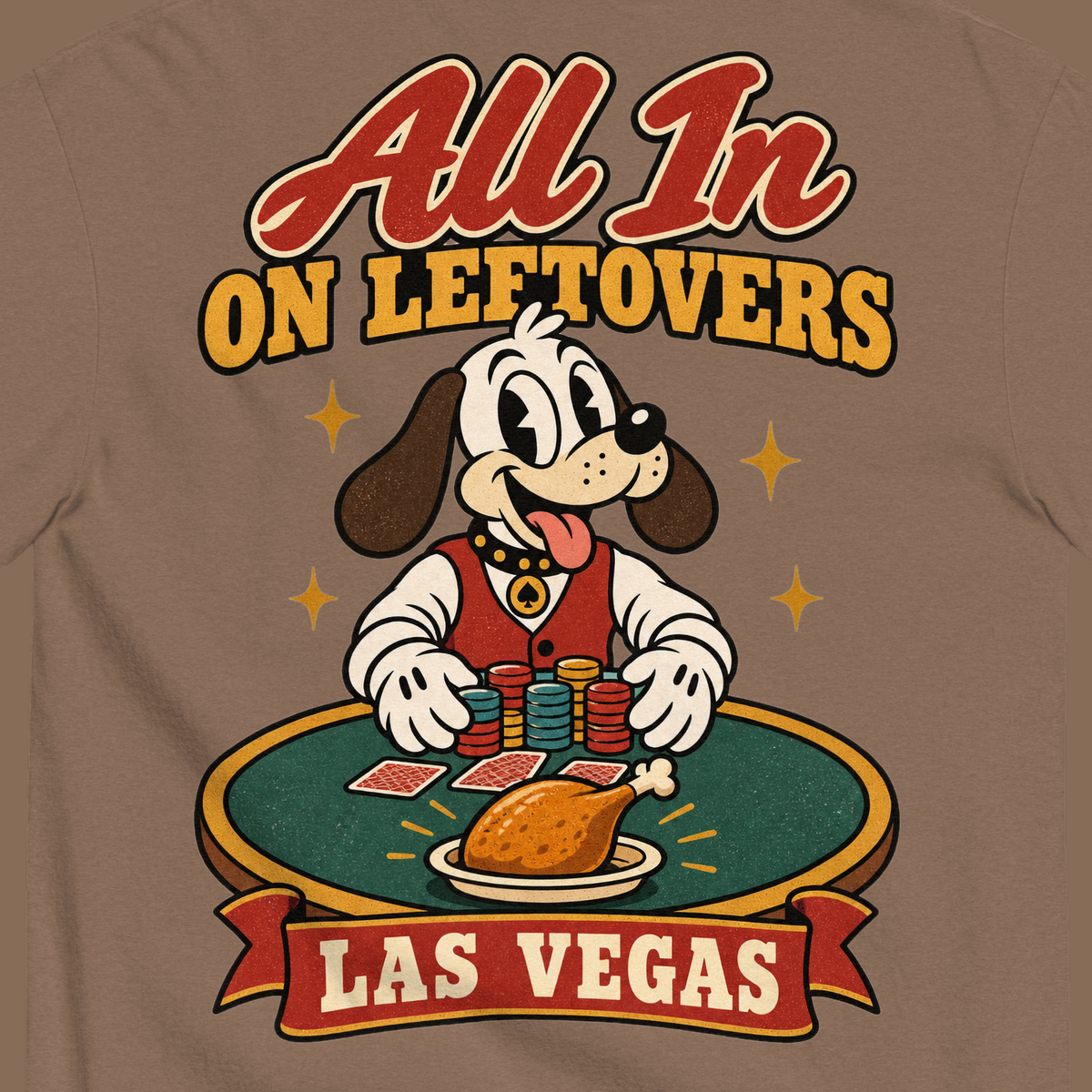 All In on Leftovers T-Shirt in Espresso, close-up of the back print, Lucky the dog in a dealer vest pushes poker chips toward a roast turkey on green felt