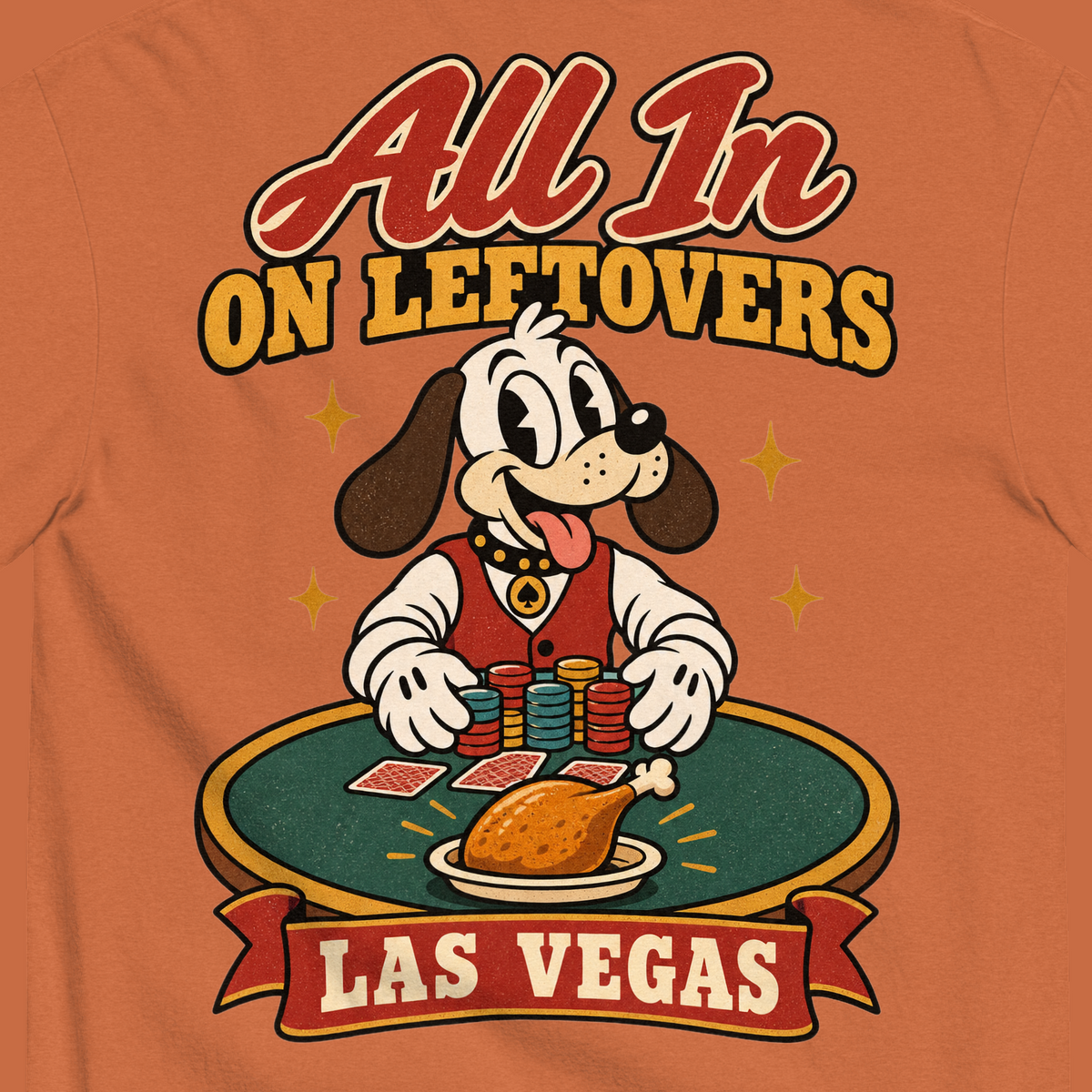All In on Leftovers T-Shirt in Yam, close-up of the back print, Lucky the dog in a dealer vest pushes poker chips toward a roast turkey on green felt