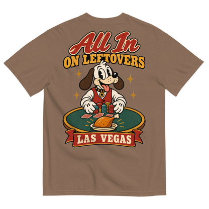 All In on Leftovers T-Shirt in Espresso, back print, Lucky the dog in a dealer vest pushes poker chips toward a roast turkey on green felt