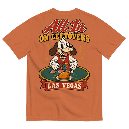 All In on Leftovers T-Shirt in Yam, back print, Lucky the dog in a dealer vest pushes poker chips toward a roast turkey on green felt