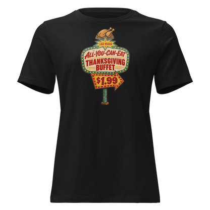 All-You-Can-Eat Buffet Relaxed T-Shirt in Black, front view, a faded 1960s buffet marquee with bulbs, a roast turkey on top and a $1.99 price