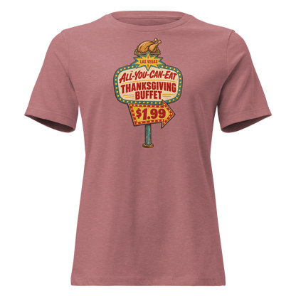 All-You-Can-Eat Buffet Relaxed T-Shirt in Heather Mauve, front view, a faded 1960s buffet marquee with bulbs, a roast turkey on top and a $1.99 price