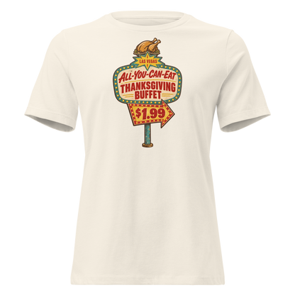 All-You-Can-Eat Buffet Relaxed T-Shirt in Natural, front view, a faded 1960s buffet marquee with bulbs, a roast turkey on top and a $1.99 price