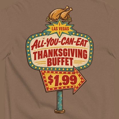 All-You-Can-Eat Buffet T-Shirt in Espresso, close-up of the back print, a faded 1960s buffet marquee with bulbs, a roast turkey on top and a $1.99 price