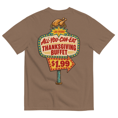 All-You-Can-Eat Buffet T-Shirt in Espresso, back print, a faded 1960s buffet marquee with bulbs, a roast turkey on top and a $1.99 price