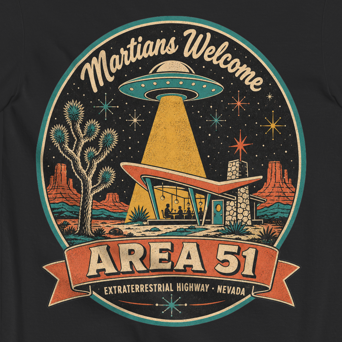 Area 51 Badge T-Shirt in Black, close-up of the back print, flying saucer beaming down on a retro desert diner