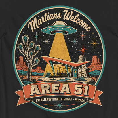Area 51 Badge T-Shirt in Black, close-up of the back print, flying saucer beaming down on a retro desert diner