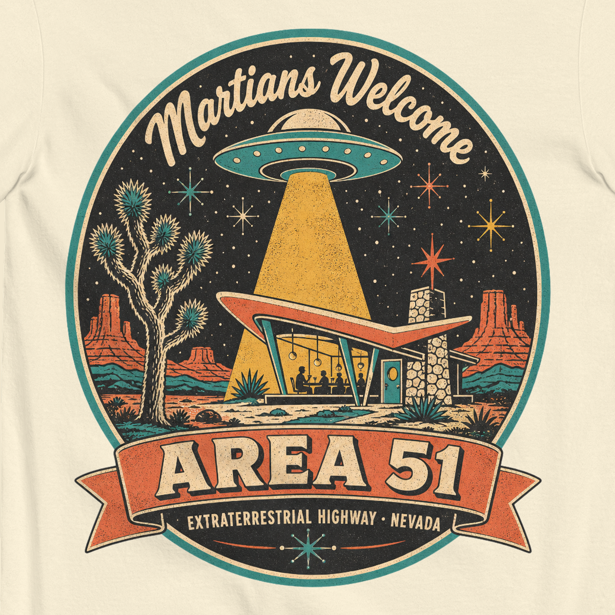 Area 51 Badge T-Shirt in Ivory, close-up of the back print, flying saucer beaming down on a retro desert diner