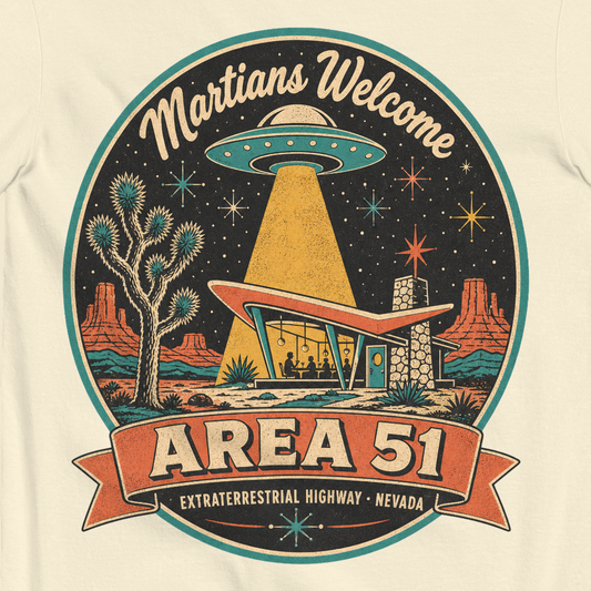 Area 51 Badge T-Shirt in Ivory, close-up of the back print, flying saucer beaming down on a retro desert diner