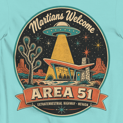 Area 51 Badge T-Shirt in Lagoon Blue, close-up of the back print, flying saucer beaming down on a retro desert diner