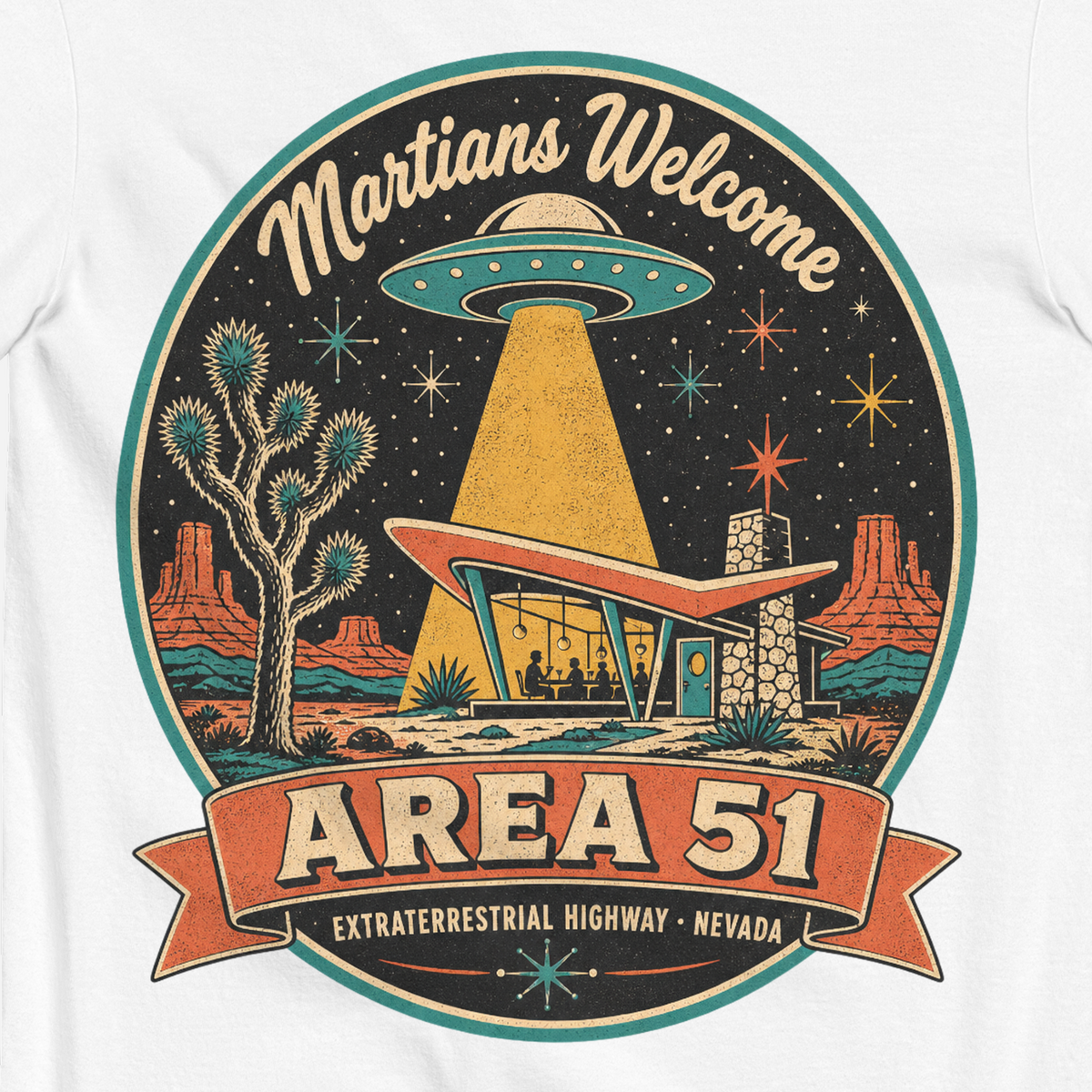 Area 51 Badge T-Shirt in White, close-up of the back print, flying saucer beaming down on a retro desert diner