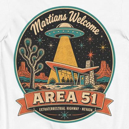 Area 51 Badge T-Shirt in White, close-up of the back print, flying saucer beaming down on a retro desert diner