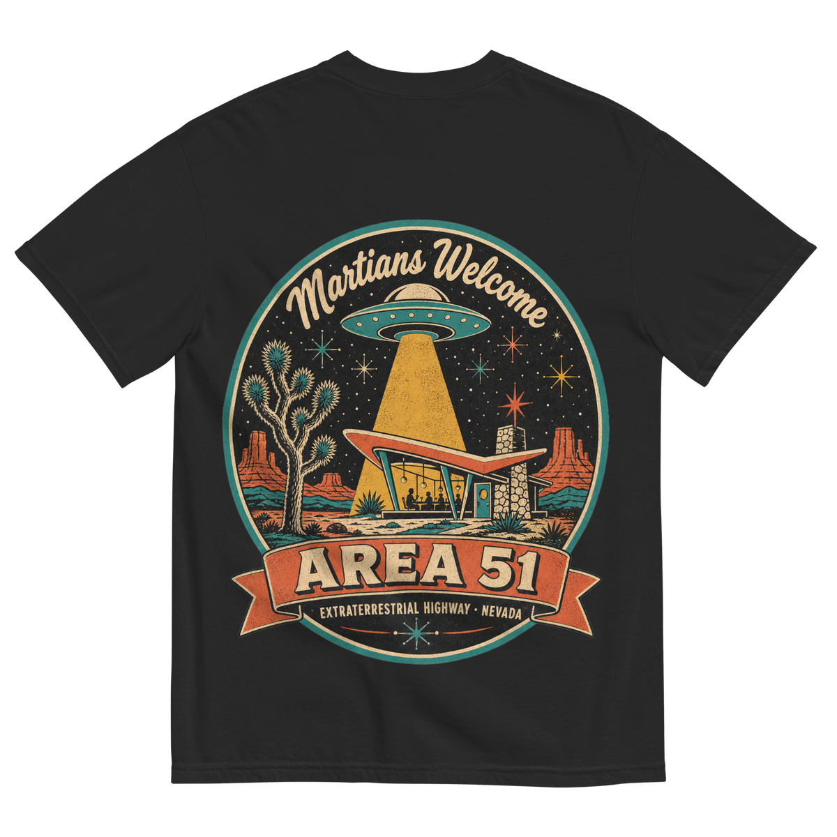 Area 51 Badge T-Shirt in Black, back print, vintage Area 51 badge with a UFO over a Googie diner