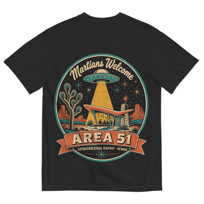 Area 51 Badge T-Shirt in Black, back print, vintage Area 51 badge with a UFO over a Googie diner