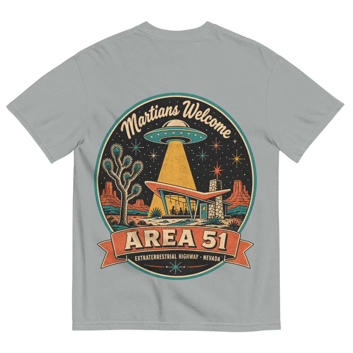 Area 51 Badge T-Shirt in Granite, back print, vintage Area 51 badge with a UFO over a Googie diner