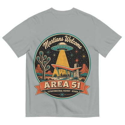 Area 51 Badge T-Shirt in Granite, back print, vintage Area 51 badge with a UFO over a Googie diner