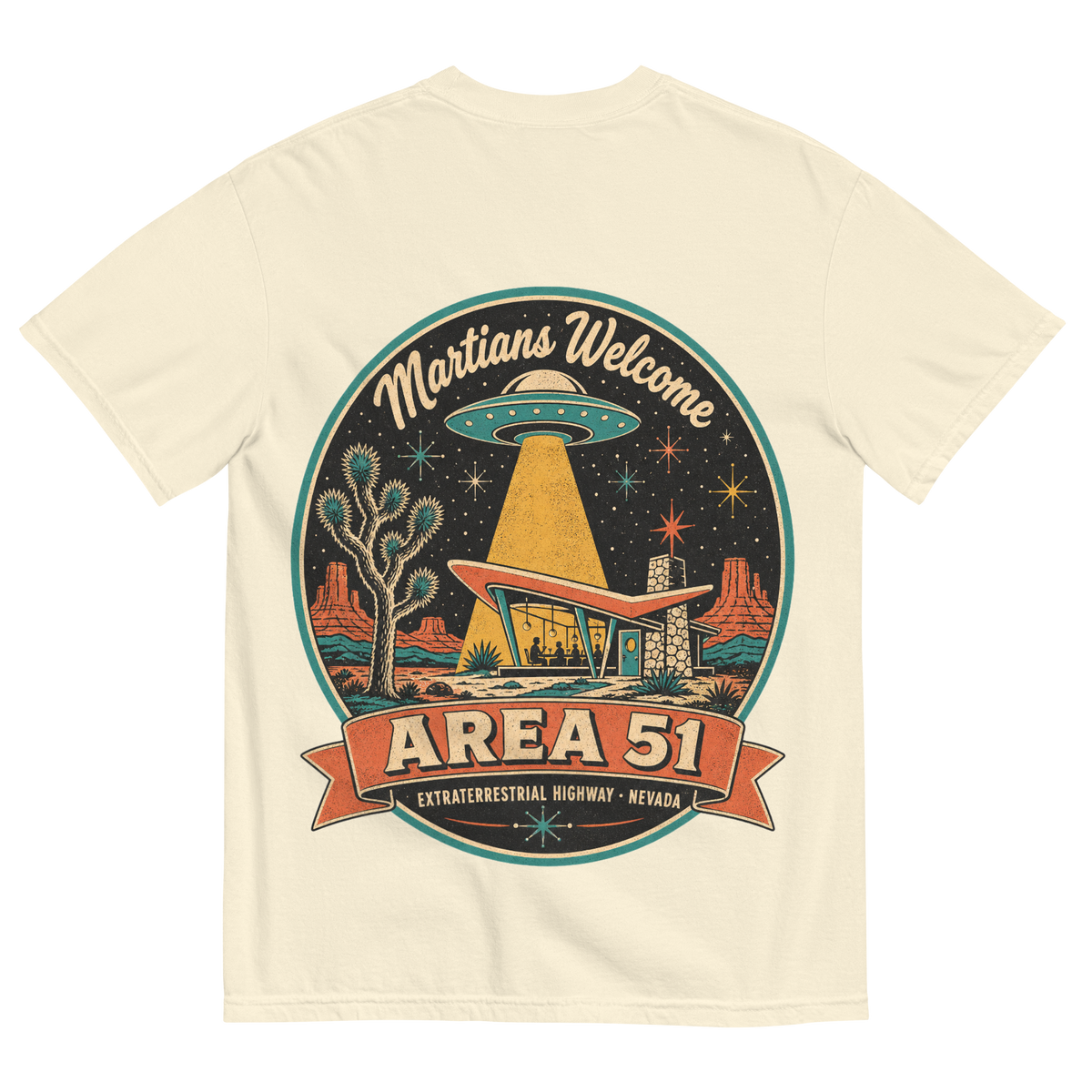Area 51 Badge T-Shirt in Ivory, back print, vintage Area 51 badge with a UFO over a Googie diner