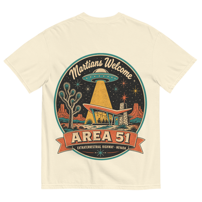 Area 51 Badge T-Shirt in Ivory, back print, vintage Area 51 badge with a UFO over a Googie diner