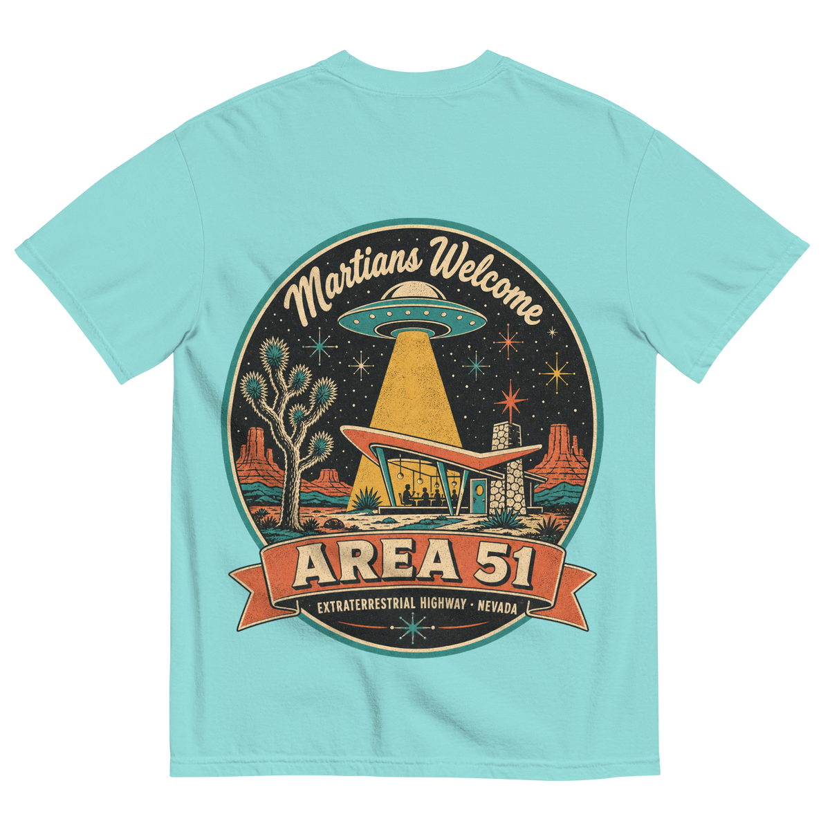 Area 51 Badge T-Shirt in Lagoon Blue, back print, vintage Area 51 badge with a UFO over a Googie diner