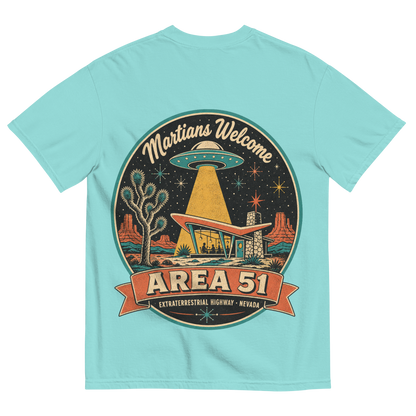 Area 51 Badge T-Shirt in Lagoon Blue, back print, vintage Area 51 badge with a UFO over a Googie diner