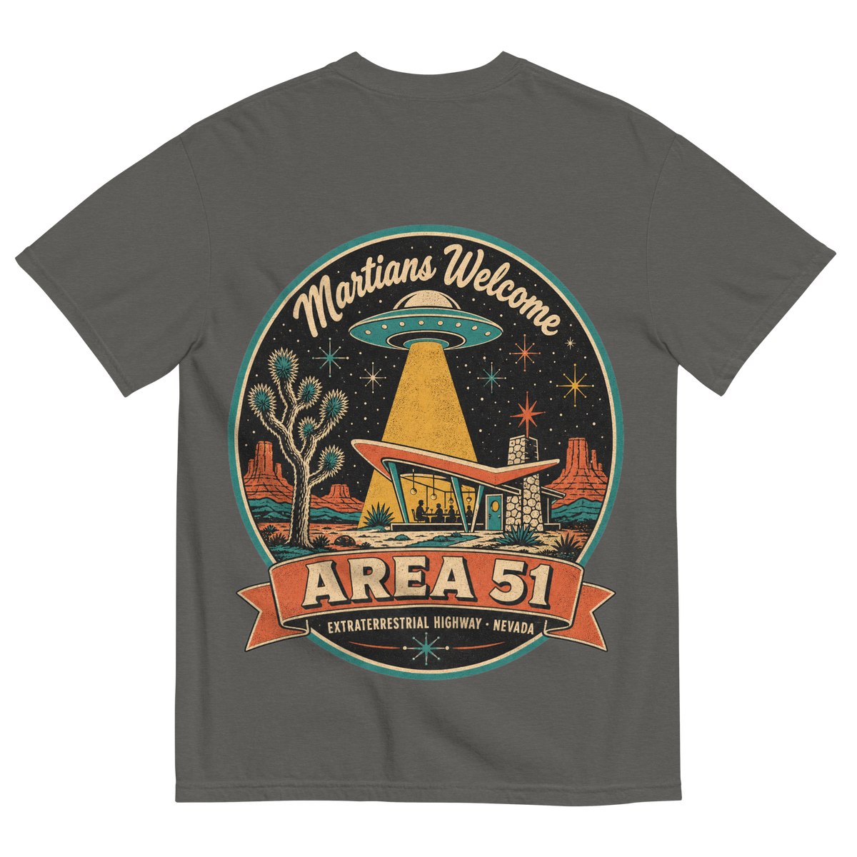 Area 51 Badge T-Shirt in Pepper, back print, vintage Area 51 badge with a UFO over a Googie diner
