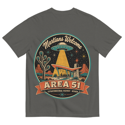 Area 51 Badge T-Shirt in Pepper, back print, vintage Area 51 badge with a UFO over a Googie diner