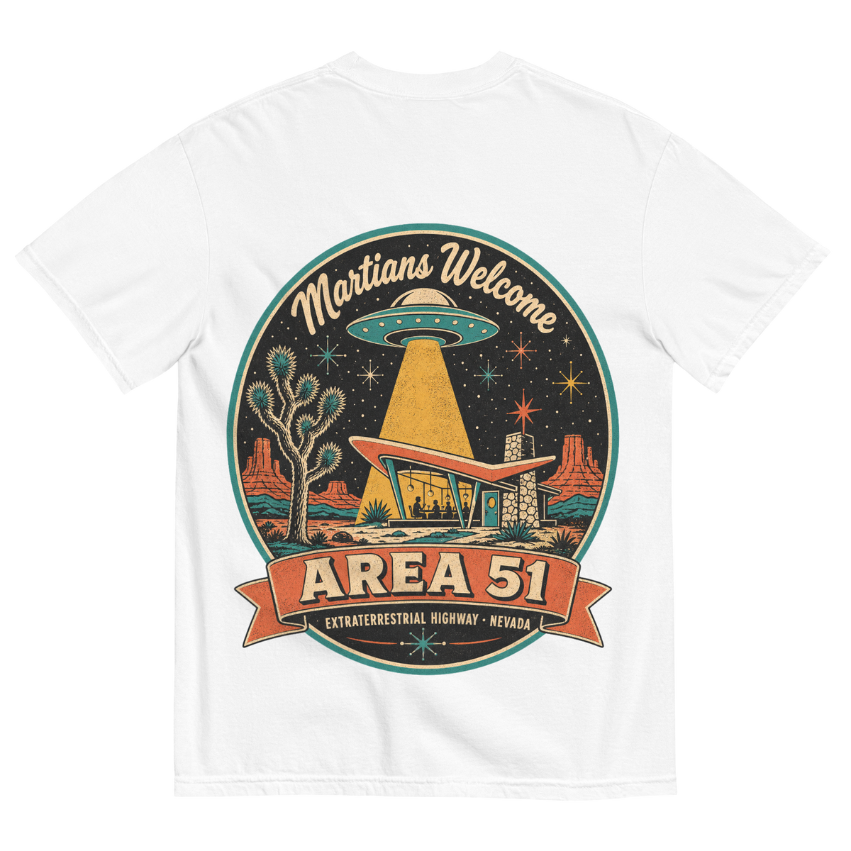 Area 51 Badge T-Shirt in White, back print, vintage Area 51 badge with a UFO over a Googie diner