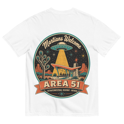 Area 51 Badge T-Shirt in White, back print, vintage Area 51 badge with a UFO over a Googie diner