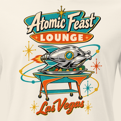 Atomic Feast Lounge Relaxed T-Shirt in Natural, close-up of the front print, a chrome rocket-shaped roast turkey on a mid-century serving cart under a Googie sign
